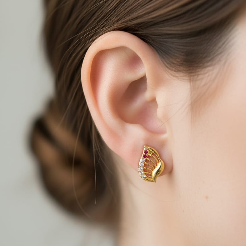 Elegant Gold Leaf Stud Earrings with Ruby and Crystal Accents
