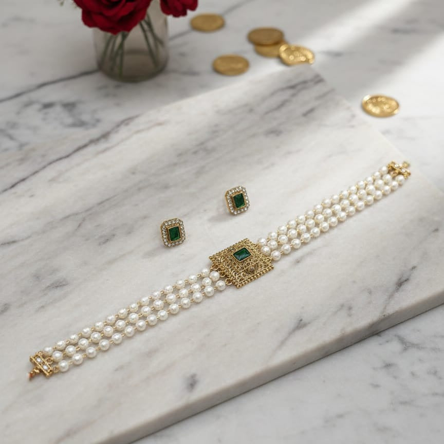 Square Pendant Pearl Choker Set