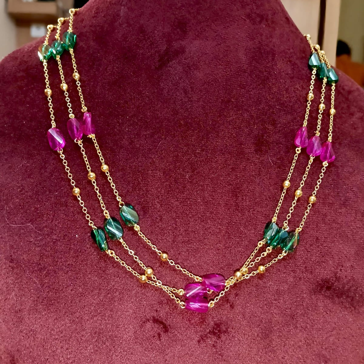 Magenta & Emerald Crystal Triple-Strand Station Necklace