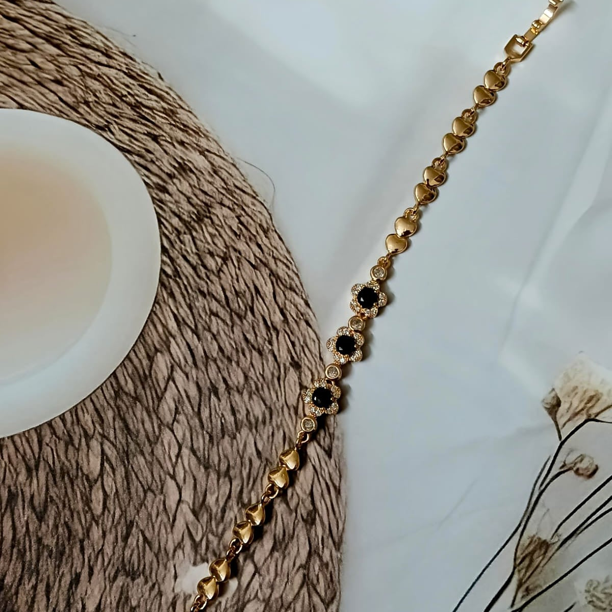 Romantic Heart & Black Flower Bracelet