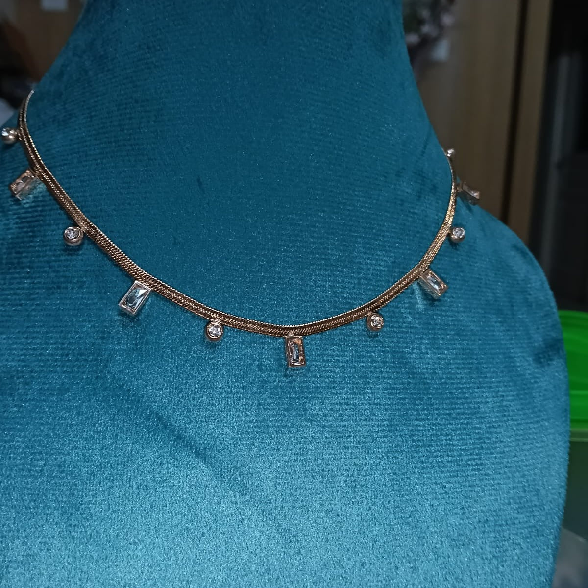Rose Gold Snake Chain Necklace with Baguette & Round Crystal Charms