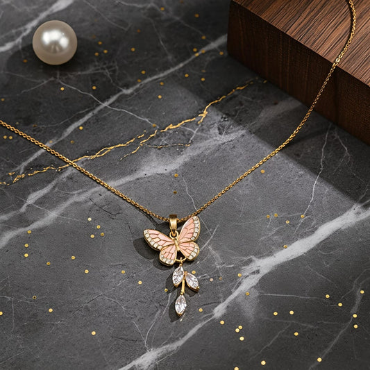Enchanting Pink Enamel Butterfly Pendant Necklace