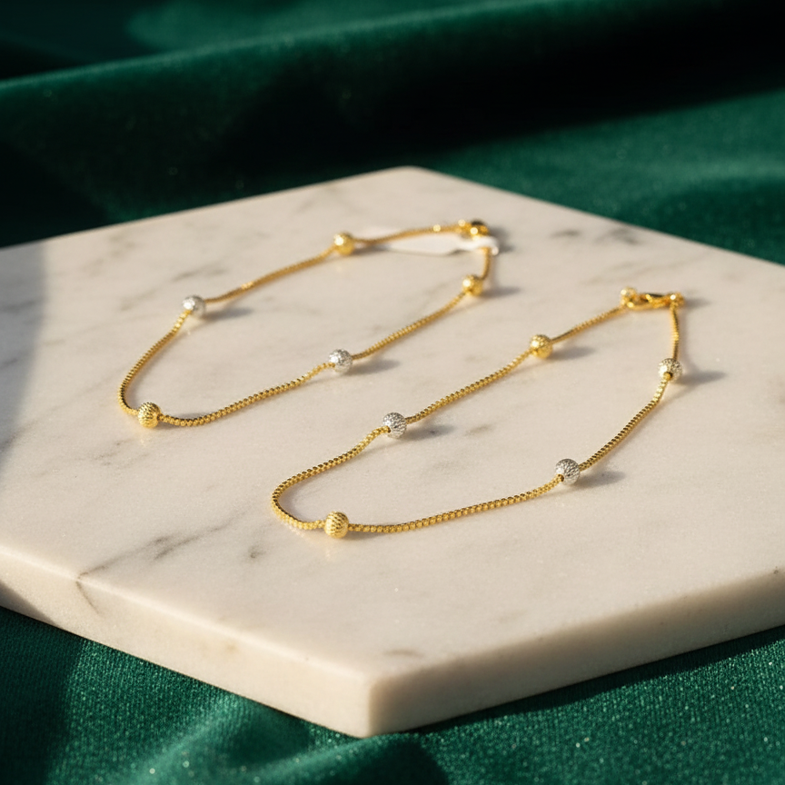 Gold and Silver Beaded Box Chain Anklets