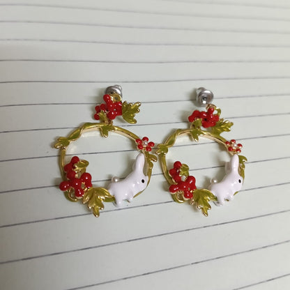 Whimsical Rabbit and Berry Drop Earrings
