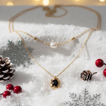 Layered Pearl and Black Stone Necklace