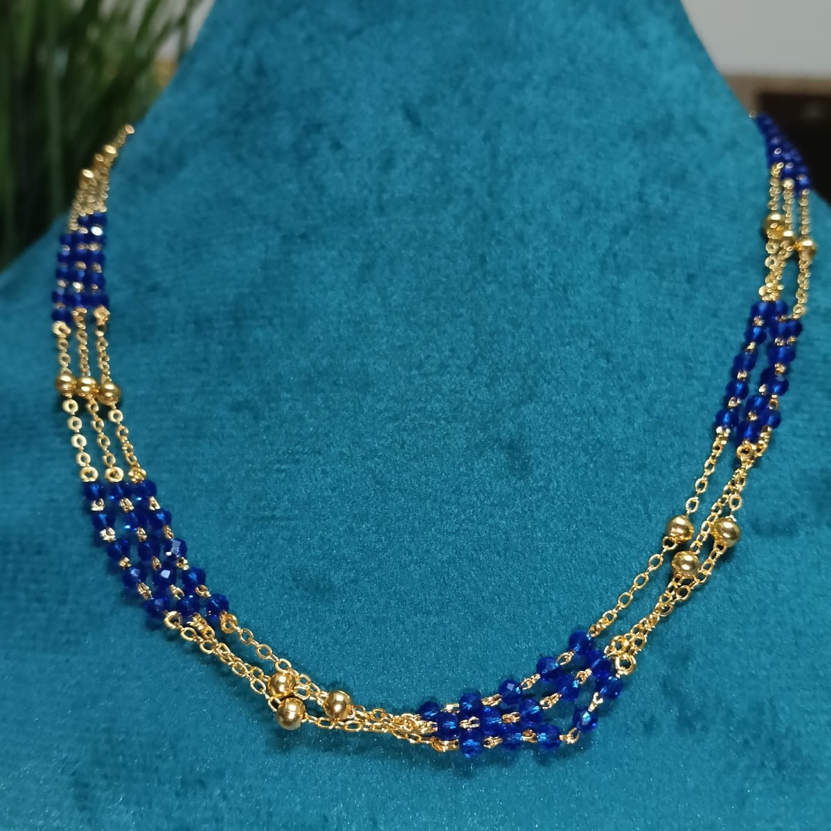 Triple-Strand Deep Blue Necklace & Golden Beads Necklace