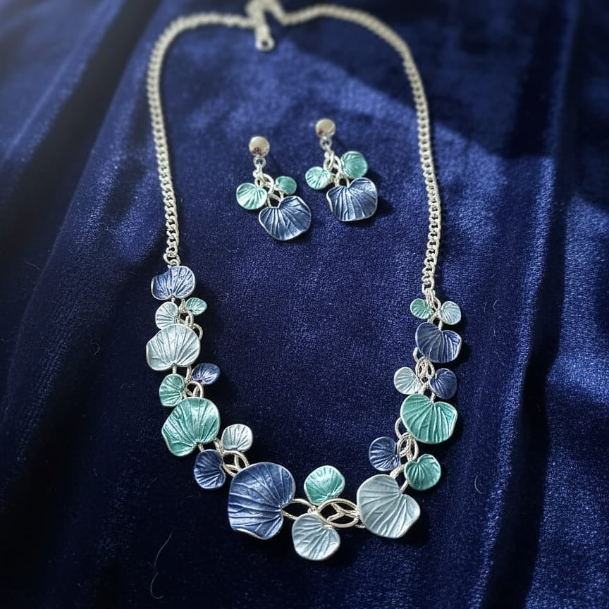 Blue and Teal Petal Necklace and Earring Set 1