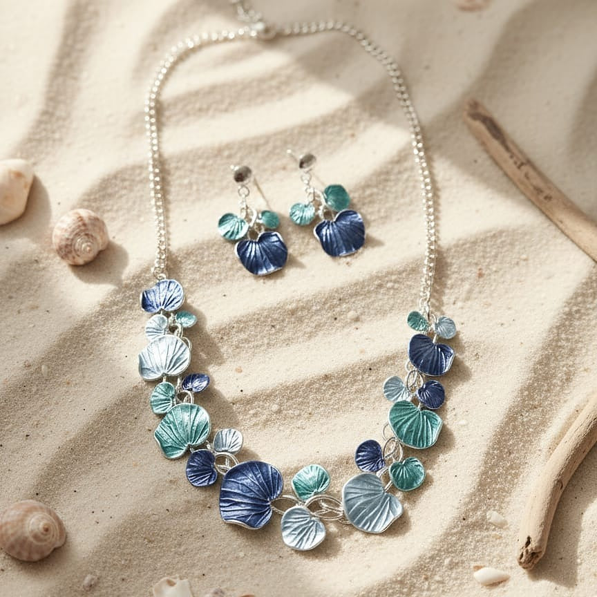 Blue and Teal Petal Necklace and Earring Set