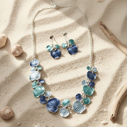 Blue and Teal Petal Necklace and Earring Set