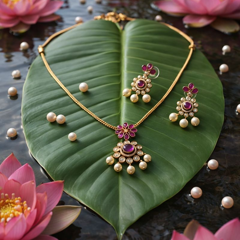Elegant Floral Ruby & Pearl Necklace Set