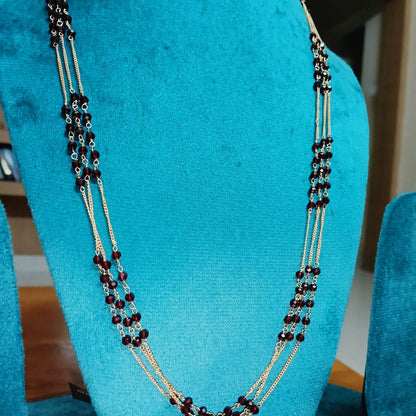 Triple-Strand Coffee Brown Beaded & Gold Link Necklace