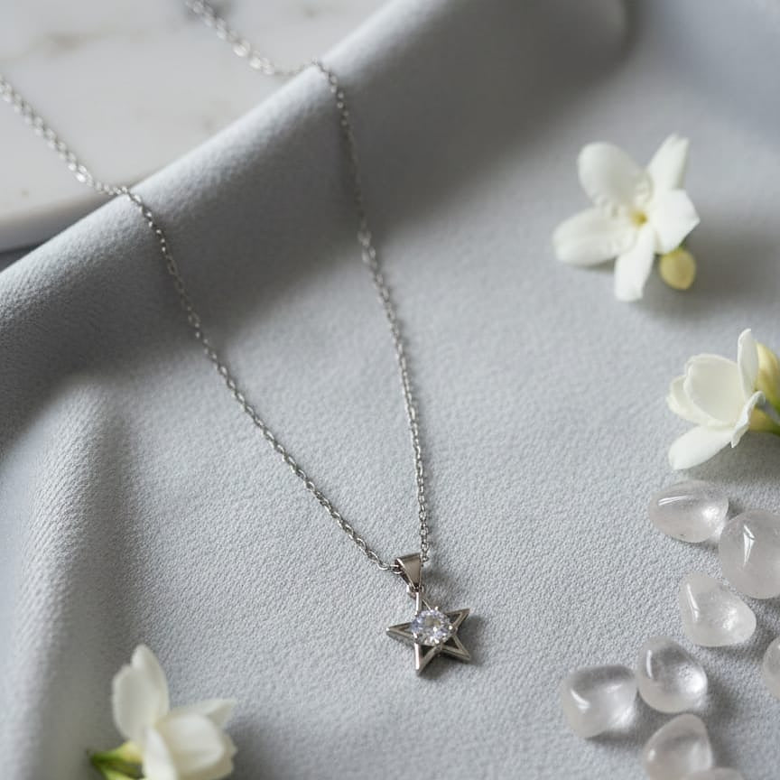 Dainty Sterling Silver-Toned Solitaire Star Pendant Necklace