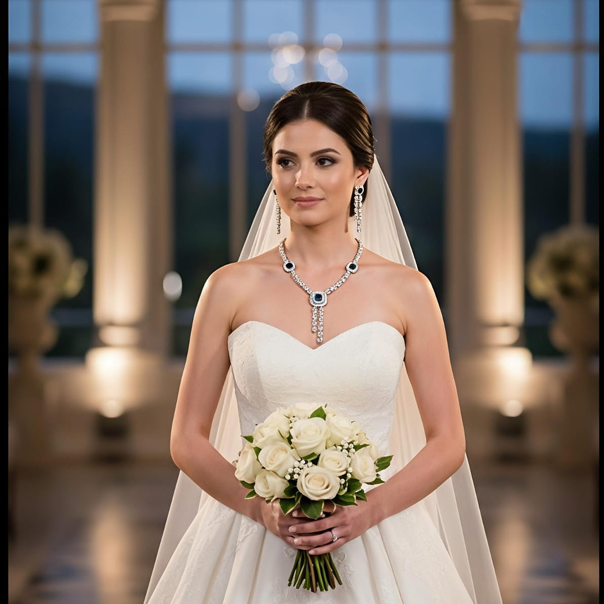 Deep Blue Sapphire & Halo Crystal Drop Necklace Set