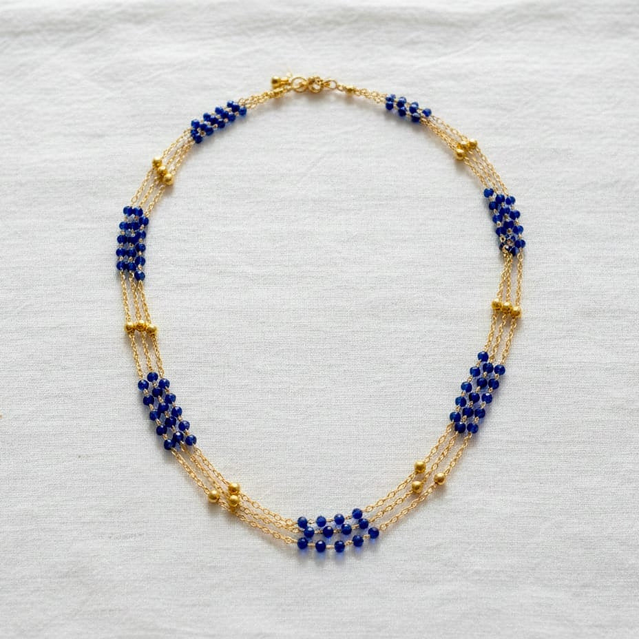 Triple-Strand Deep Blue Necklace & Golden Beads Necklace