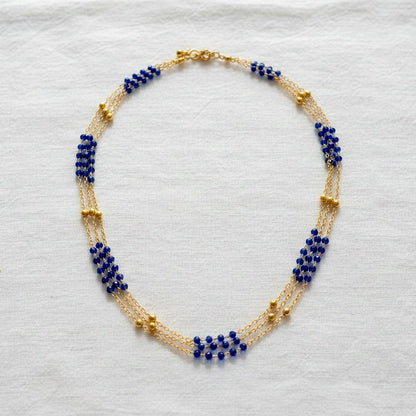 Triple-Strand Deep Blue Necklace & Golden Beads Necklace
