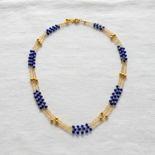 Triple-Strand Deep Blue Necklace & Golden Beads Necklace