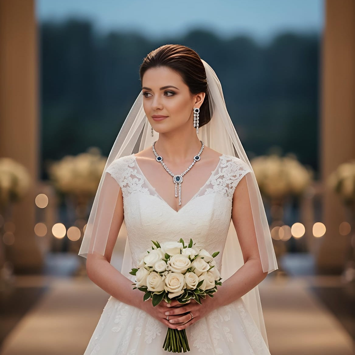 Deep Blue Sapphire & Halo Crystal Drop Necklace Set