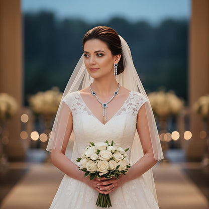 Deep Blue Sapphire & Halo Crystal Drop Necklace Set