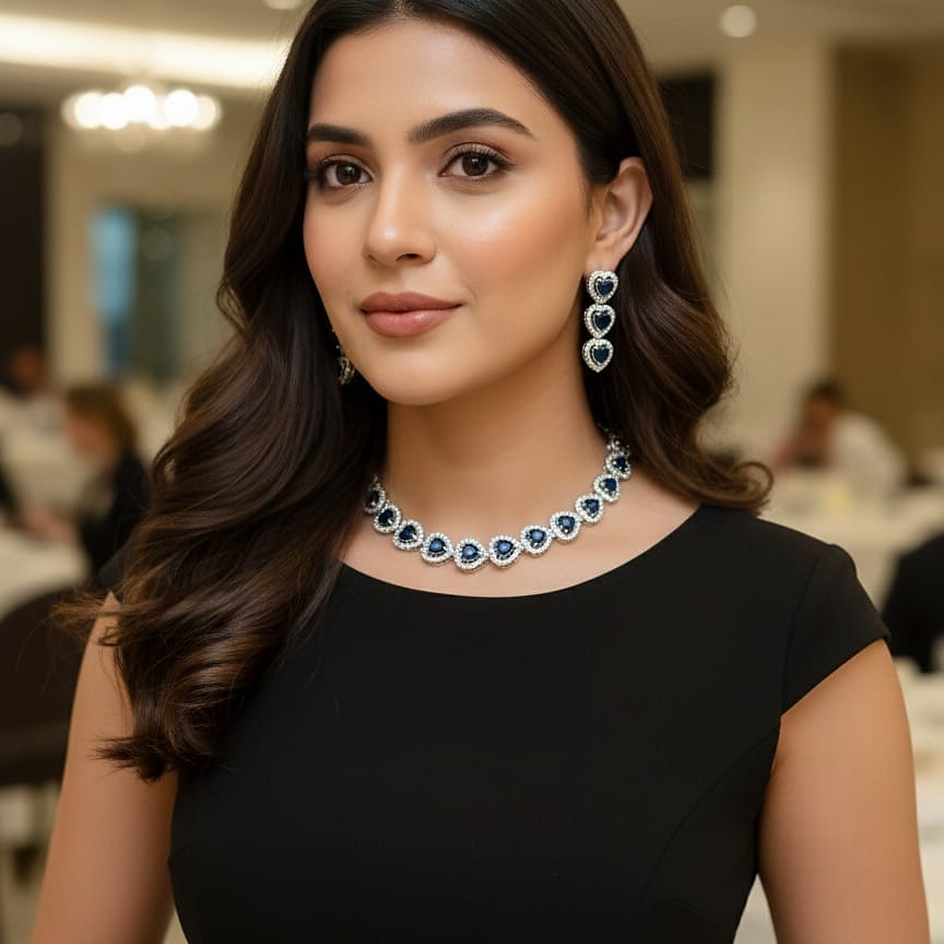 Deep Blue Sapphire Heart Halo Choker Set