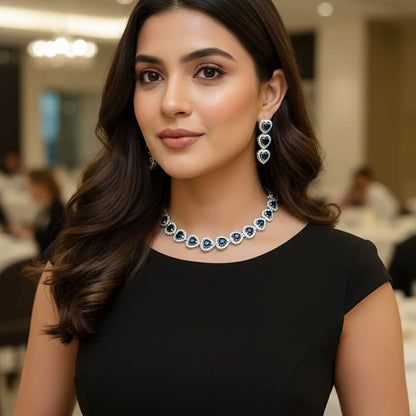 Deep Blue Sapphire Heart Halo Choker Set