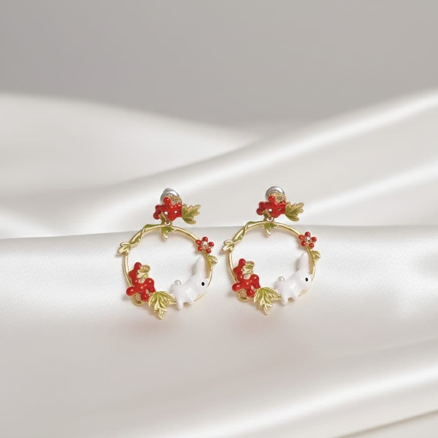 Whimsical Rabbit and Berry Drop Earrings
