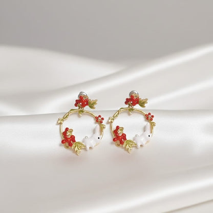 Whimsical Rabbit and Berry Drop Earrings