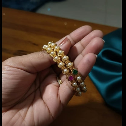 Pearl Bangles with Emerald and Ruby Center Stones Bangles