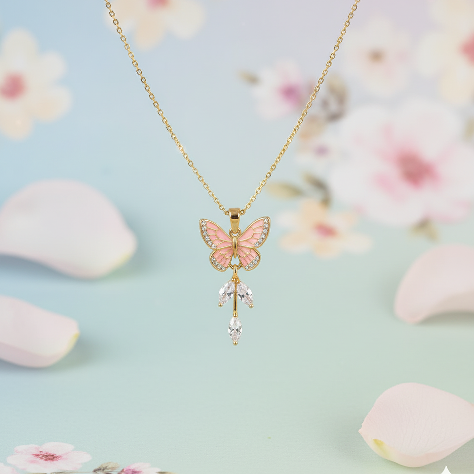 Butterfly-shaped pendant necklace on a light blue background with floral elements