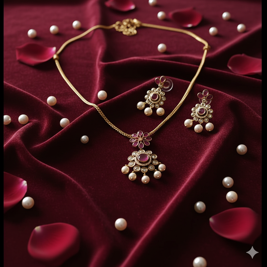 Elegant Floral Ruby & Pearl Necklace Set
