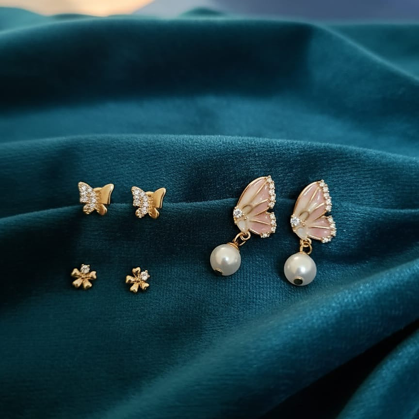 Gold Butterfly & Flower Earring Combo Set