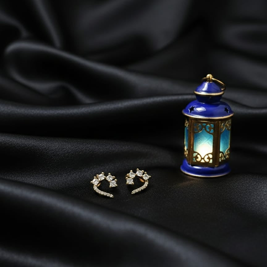 Gold Crescent Stud Earrings with Star Cluster