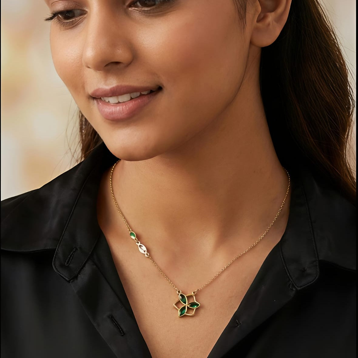 Gold Emerald Flower Necklace