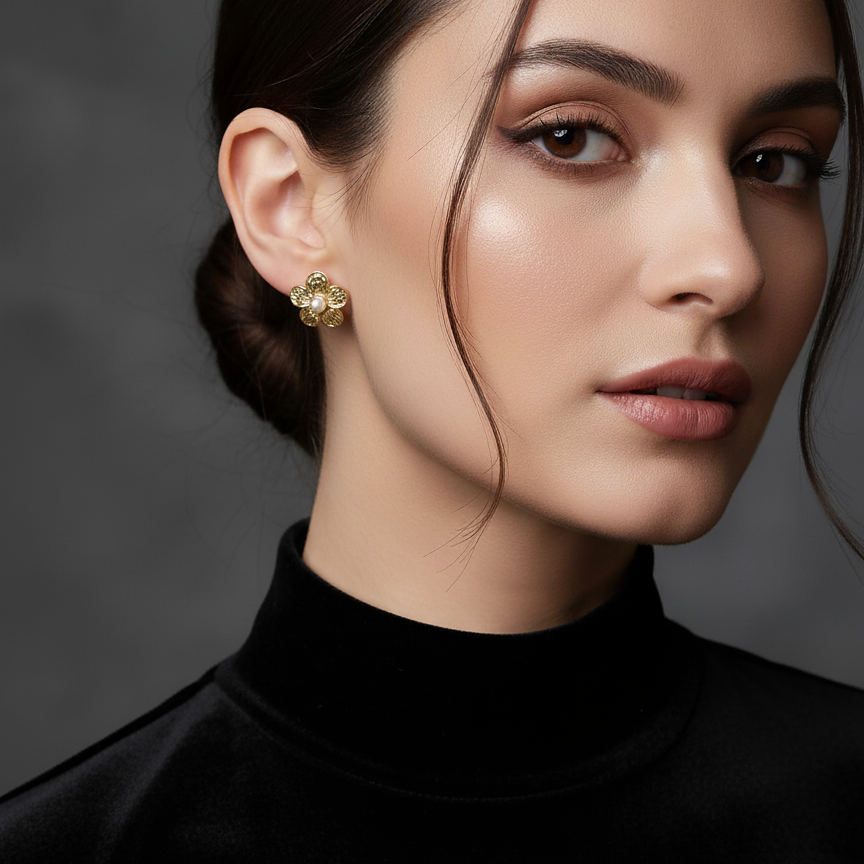 Gold & Pearl Floral Stud Earrings