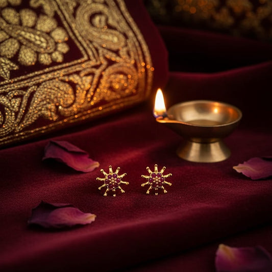 Gold Sunburst Stud Earrings with Ruby Center