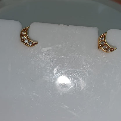 Gold and Pave Crescent Moon Stud Earrings
