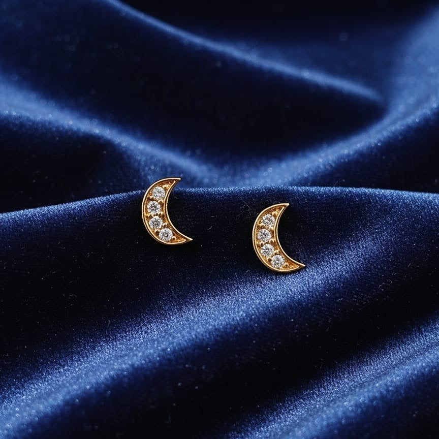 Gold and Pave Crescent Moon Stud Earrings