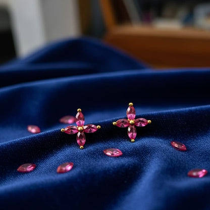 Gold and Peach Gemstone Flower Stud Earrings