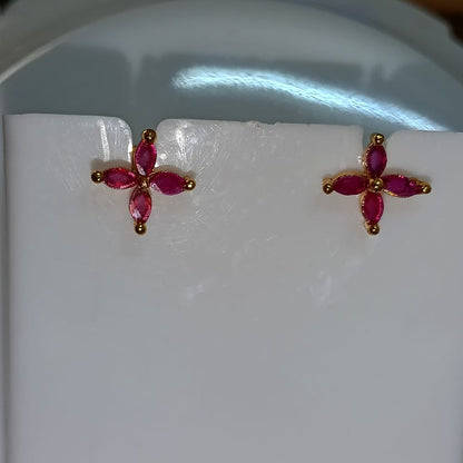 Gold and Peach Gemstone Flower Stud Earrings