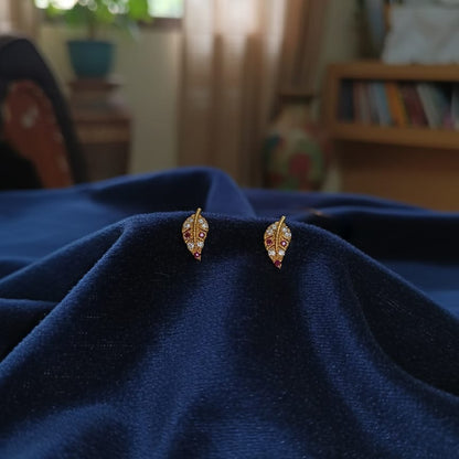 Gold and Two-Tone Gemstone Leaf Stud Earrings