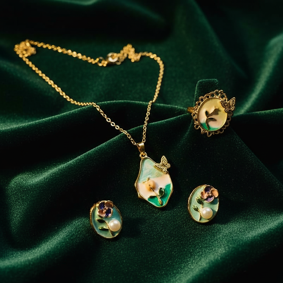 Gold necklace and earrings with floral designs