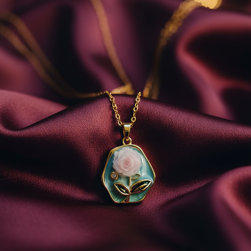 Gold necklace with a pendant featuring a rose design 