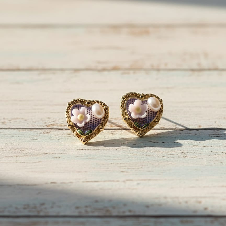 Heart-shaped earrings with floral designs 