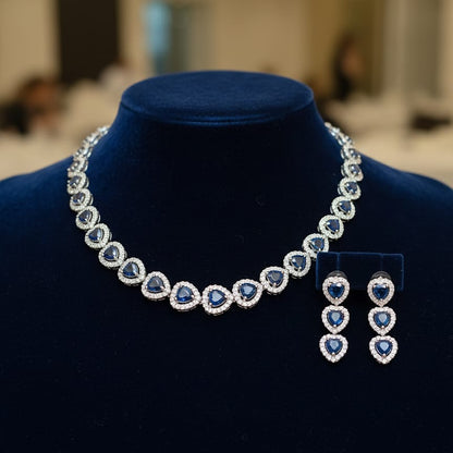 Deep Blue Sapphire Heart Halo Choker Set