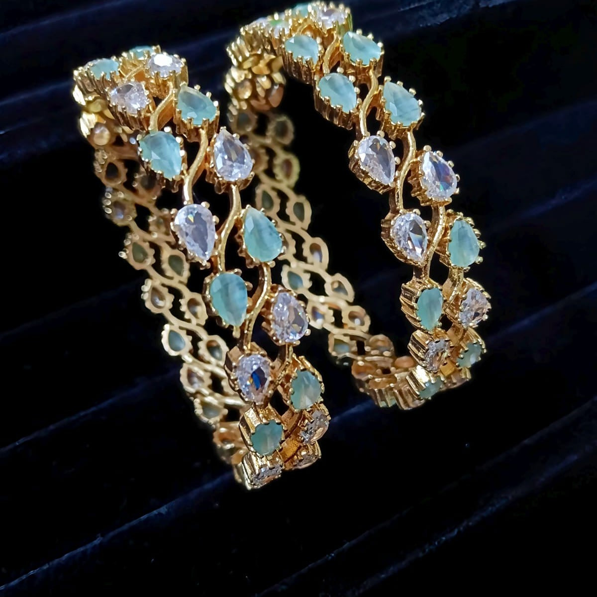 Intricate Mint Green & White CZ Floral Bangle