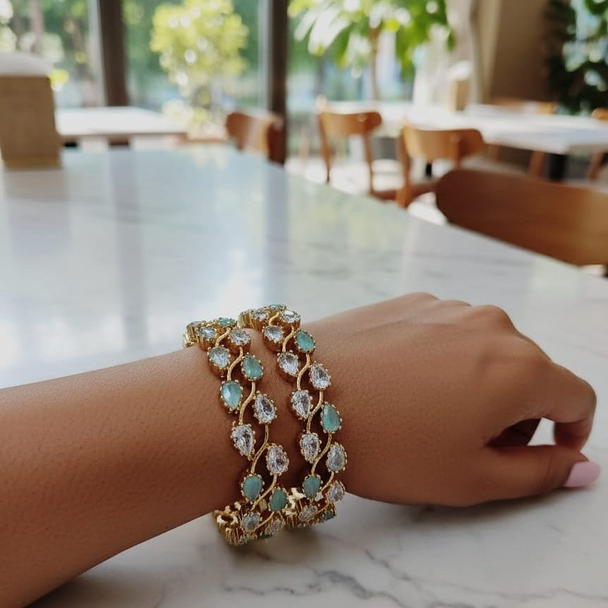 Intricate Mint Green & White CZ Floral Bangle