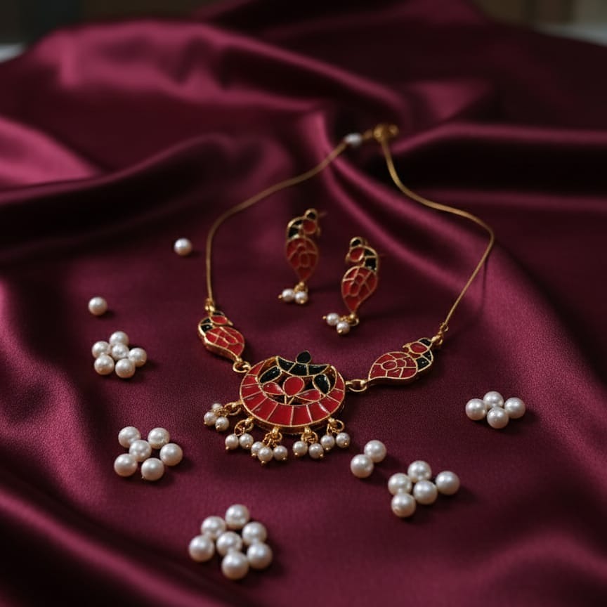 Magenta and Purple Enamel Peacock Invisible Necklace Set