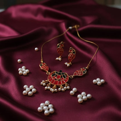 Magenta and Purple Enamel Peacock Invisible Necklace Set