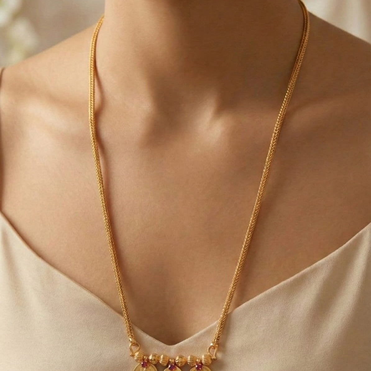 Gold necklace with red gemstones