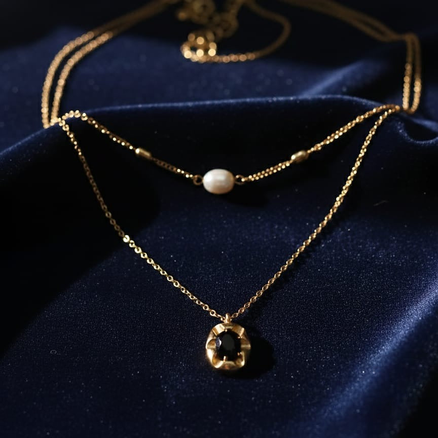 Layered Pearl and Black Stone Necklace