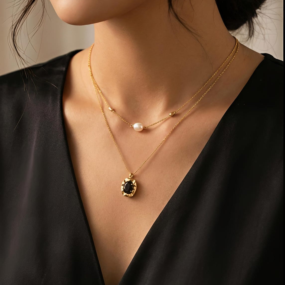 Layered Pearl and Black Stone Necklace
